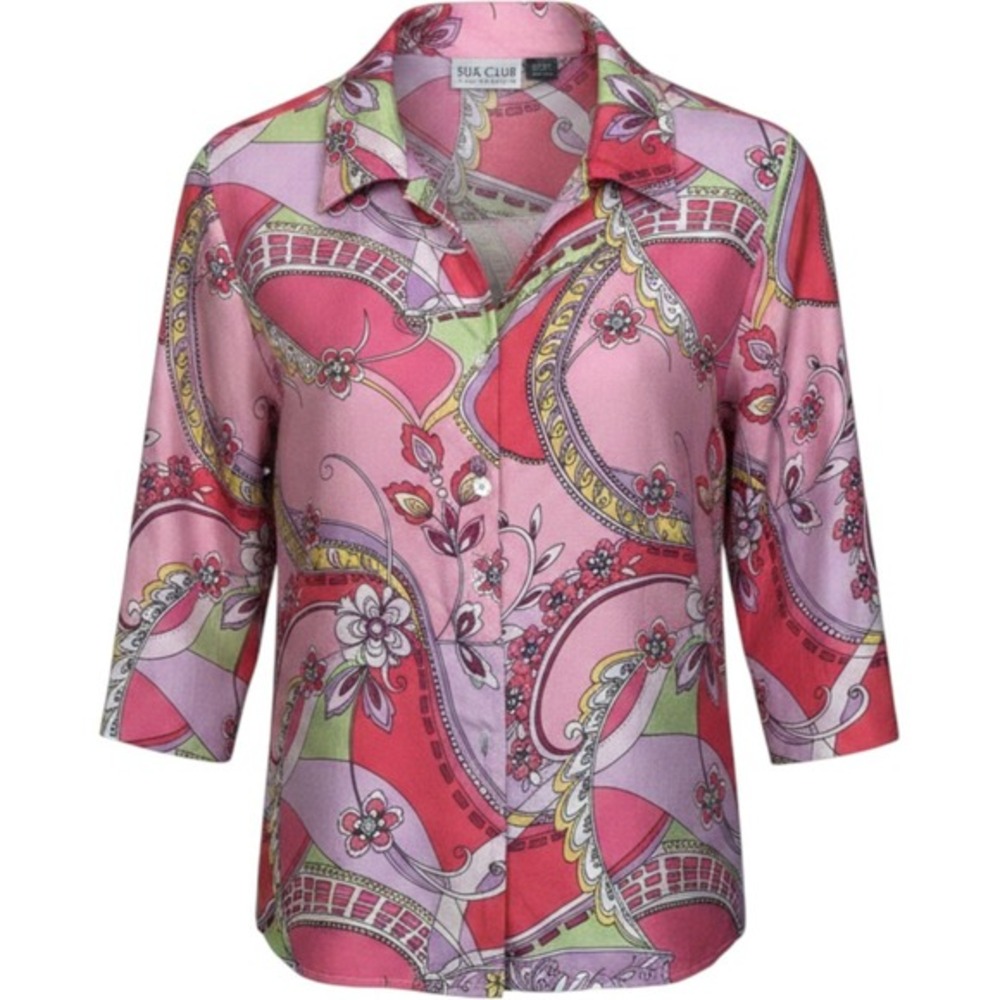 Silk Club Collection Button Down Blouse 8 Pink‎ Floral Psychedelic Retro Mod